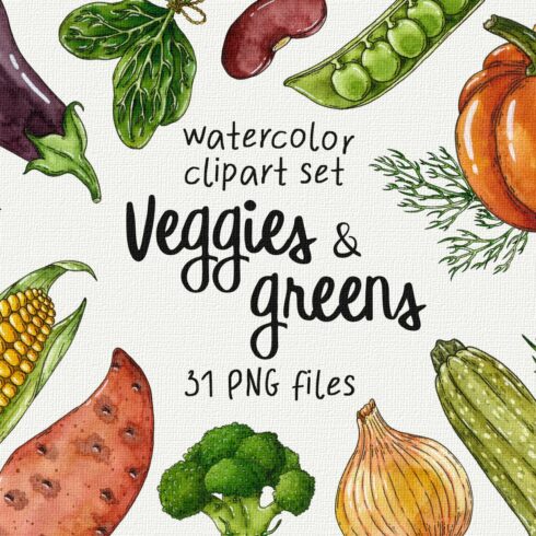 Veggies & greens watercolor clipart cover image.