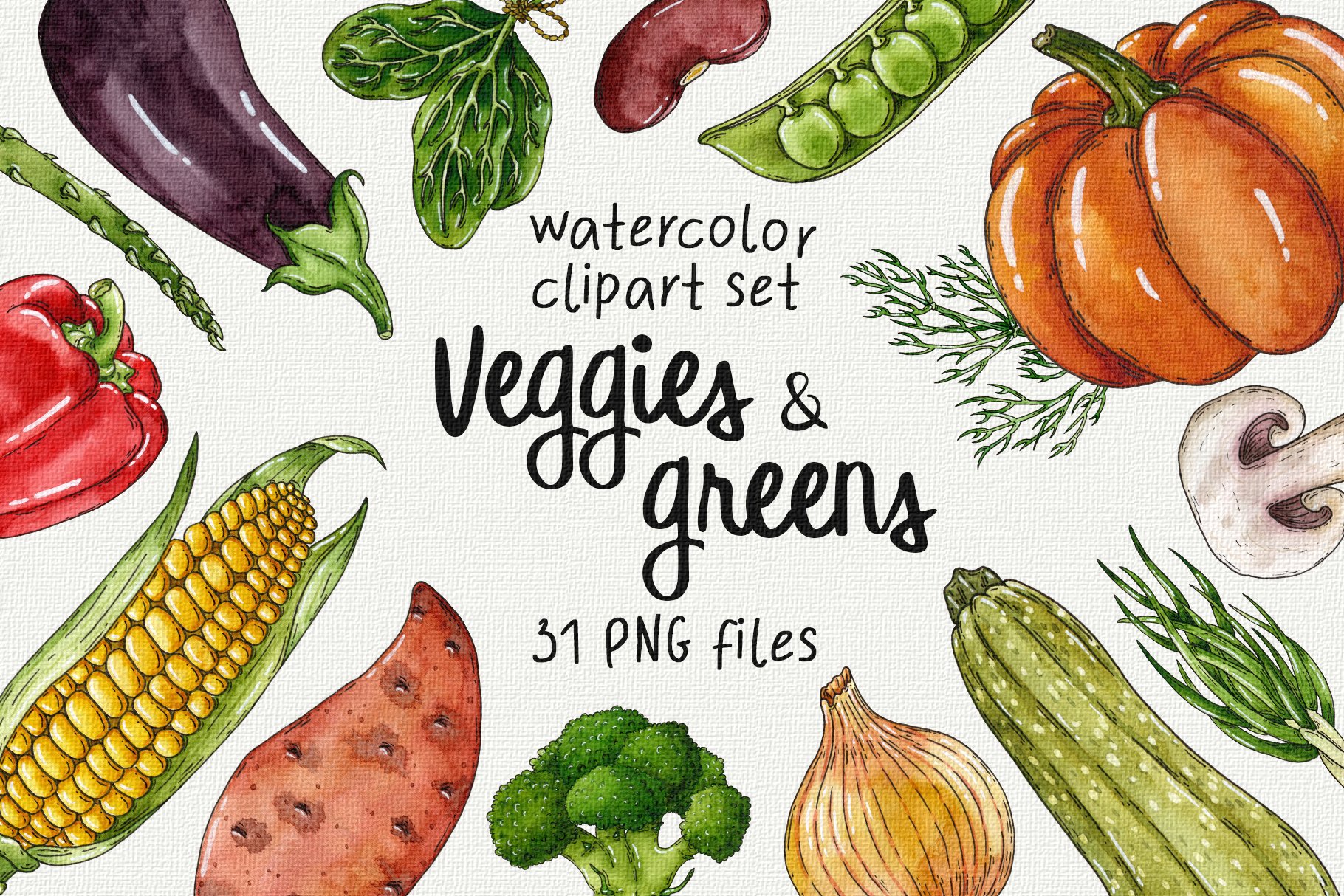Veggies & greens watercolor clipart cover image.