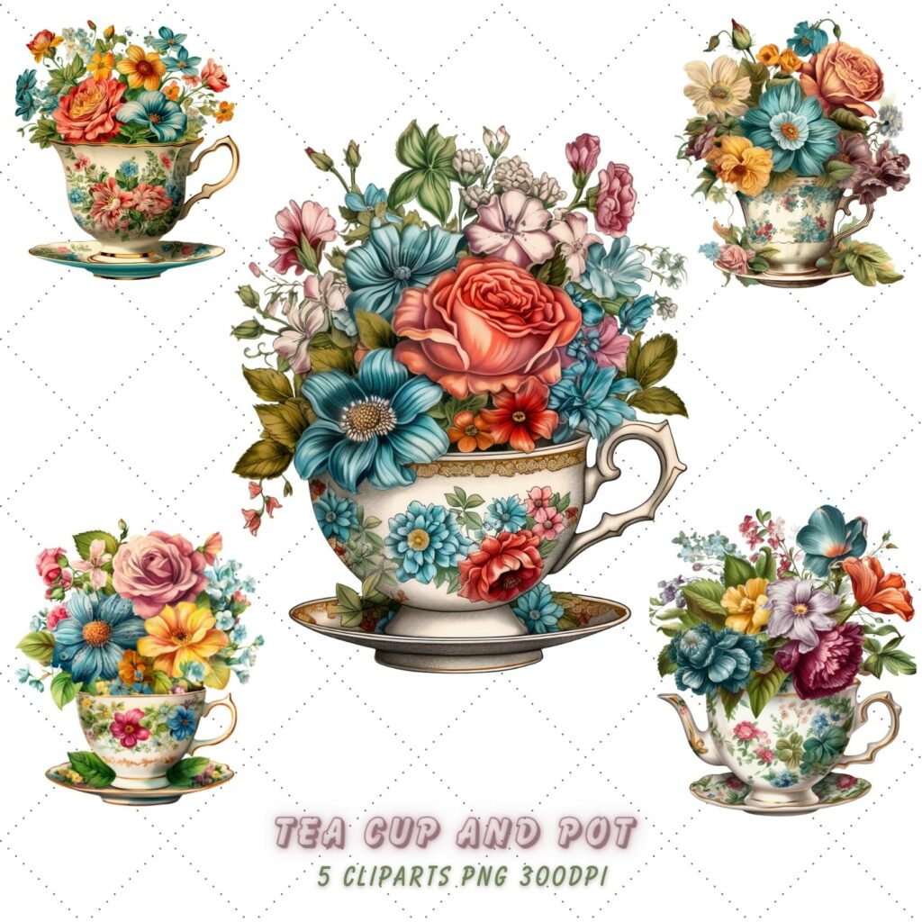 Vintage Flowers Tea Cup and Pot Clipart Bundle, Sublimation - MasterBundles