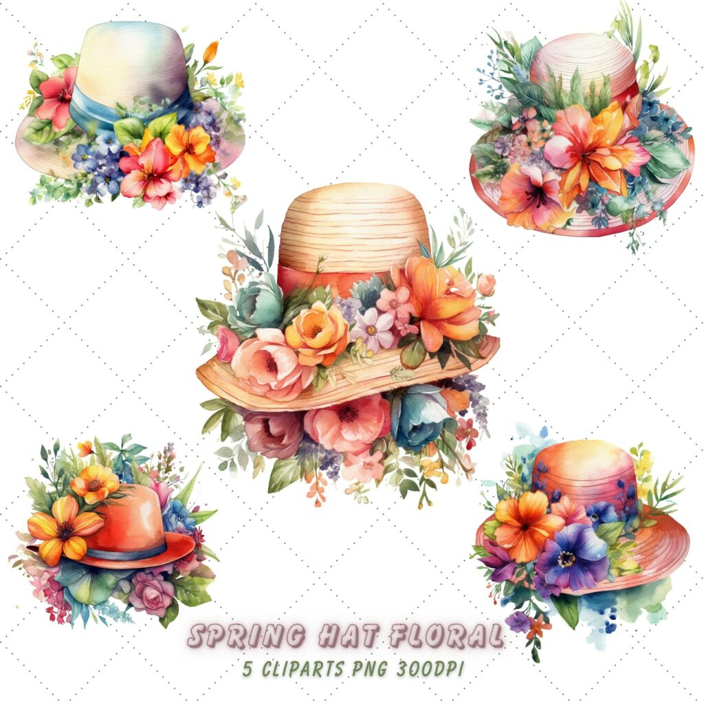 Watercolor Spring hat Floral Clipart Bundle - MasterBundles