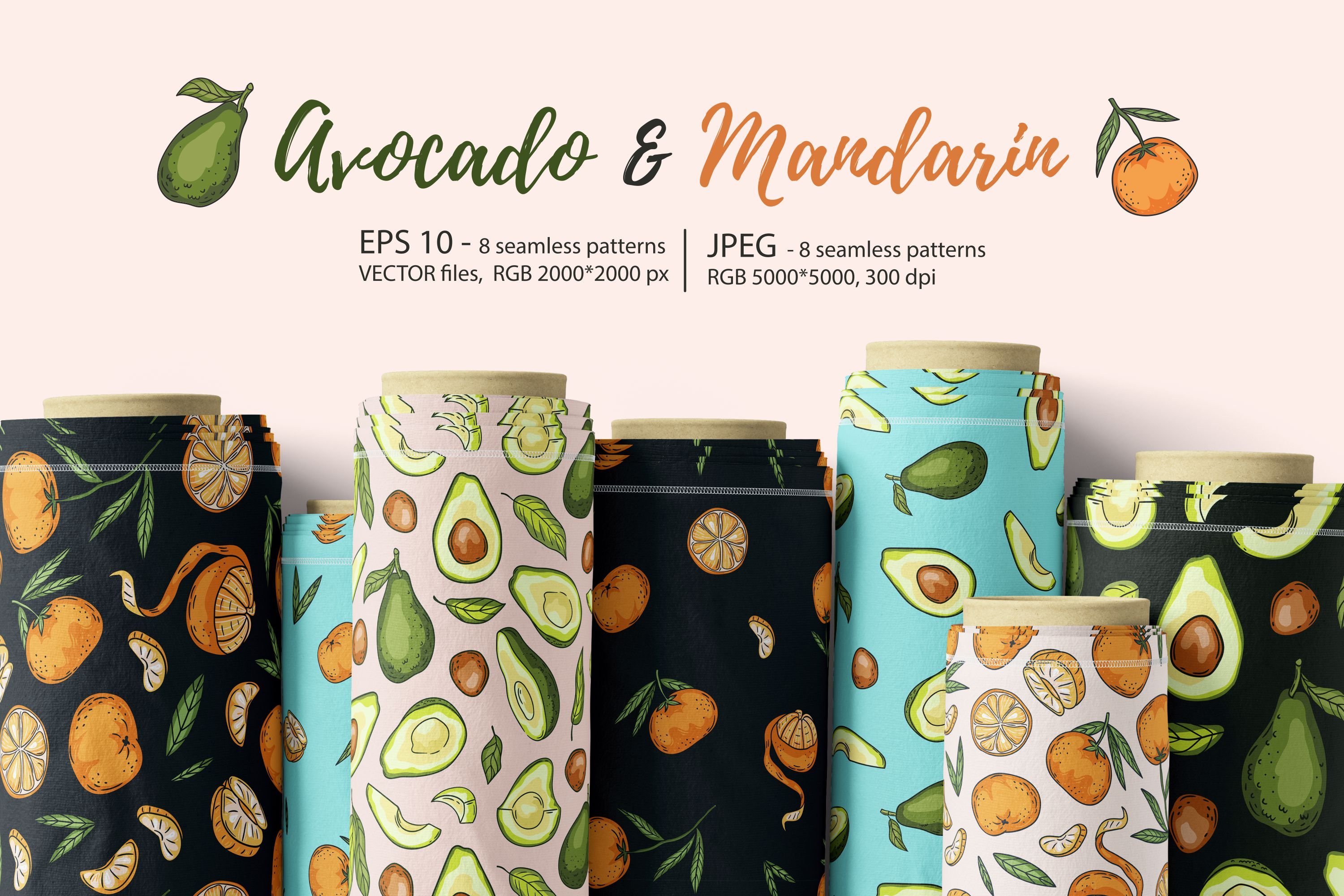 Avocado & Mandarin seamless patterns cover image.