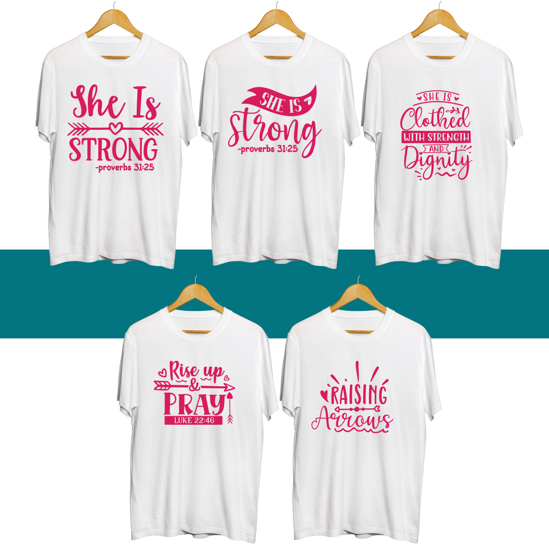 Four t - shirts that say she is strong.