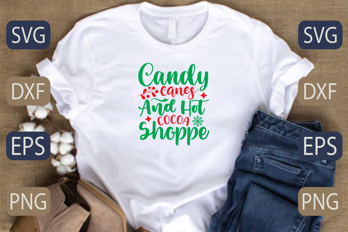 T - shirt that says candy canes and hot cocoa shoppe.