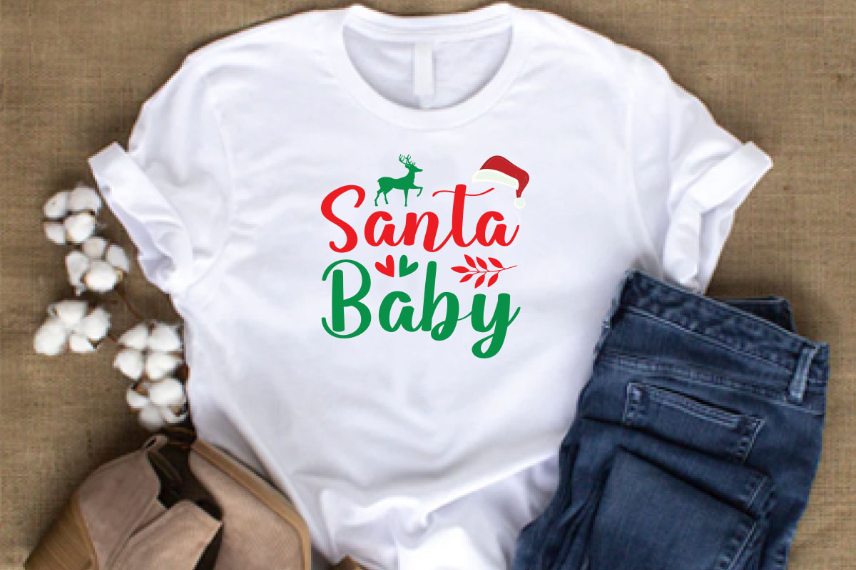 T - shirt that says santa baby with a deer on it.