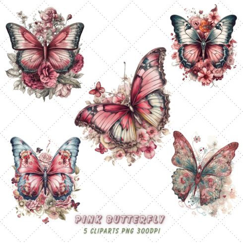 Pink Butterfly Sublimation Clipart Bundle cover image.