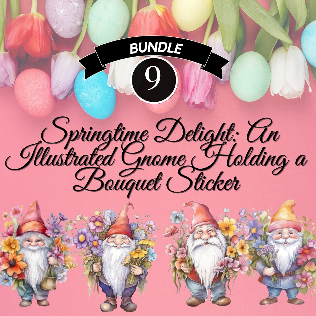 "Springtime Delight: An Illustrated Gnome Holding a Bouquet Sticker" cover image.