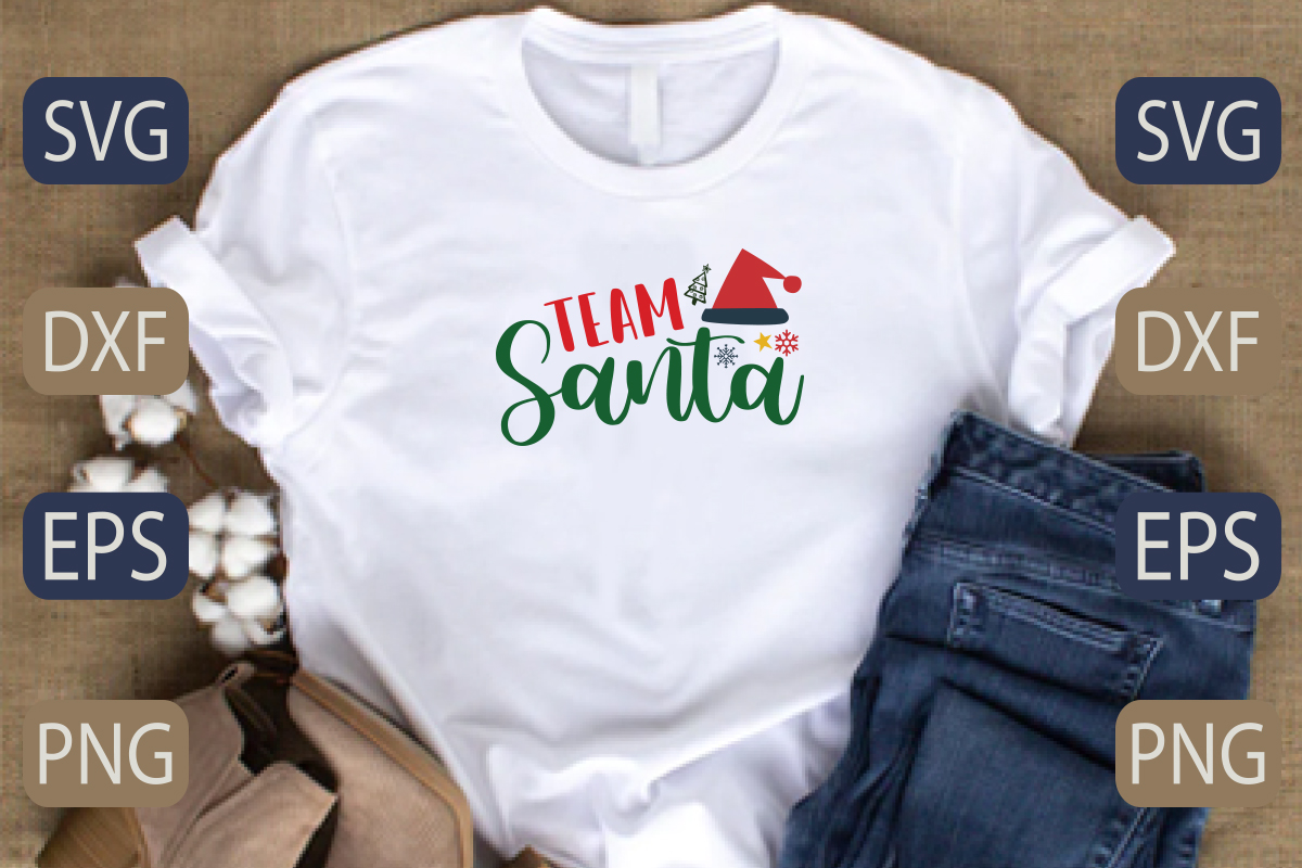 White t - shirt with the words team santa on it.