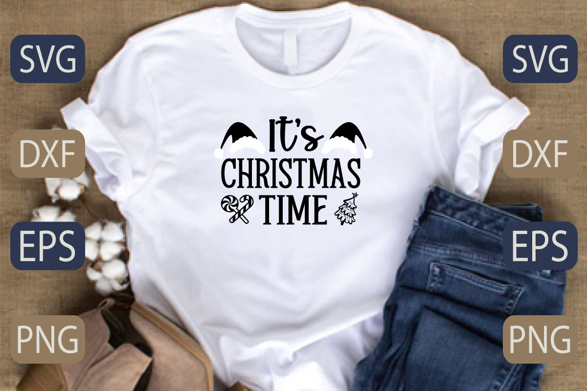 T - shirt that says it's christmas time on it.