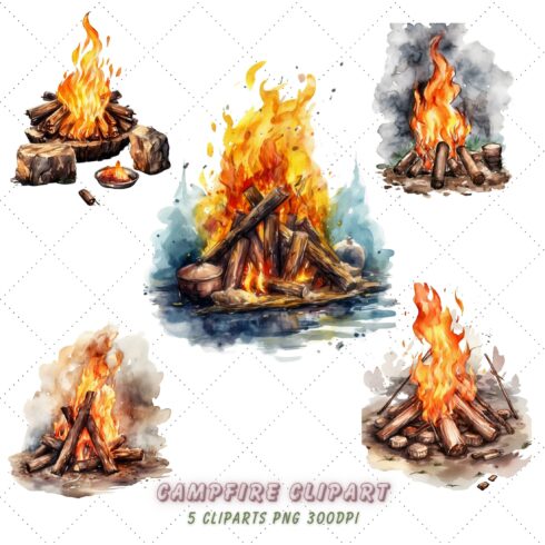 Campfire Watercolor Clipart Bundle, Bonfire Flames, Wood Burning, Forest Camping, Transparent PNG cover image.