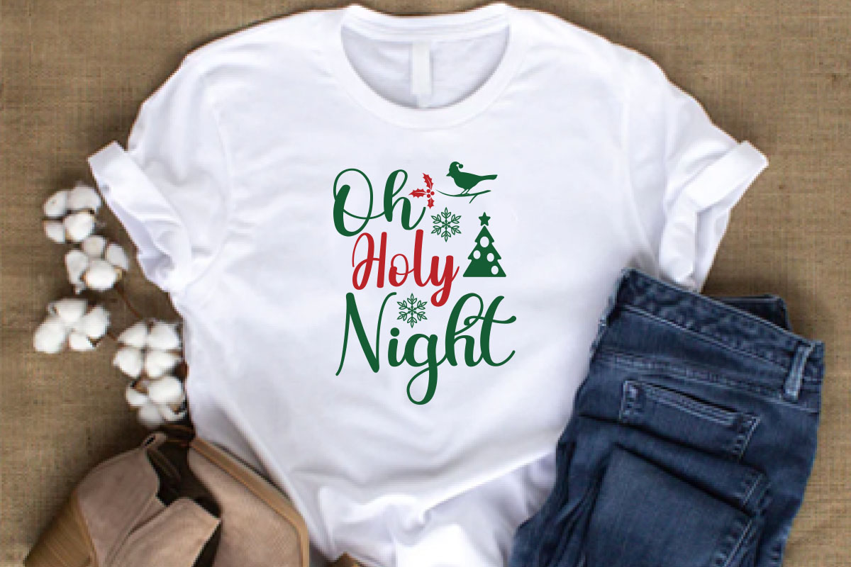 White t - shirt with the words one holly night printed on it.
