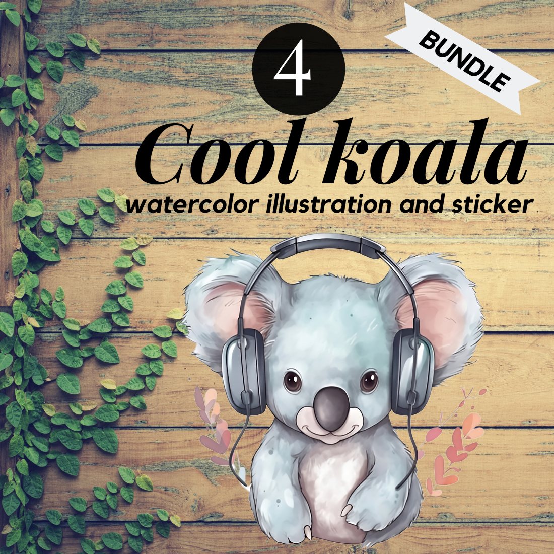 Koala wearing headphones and headphones with the words cool koala water.