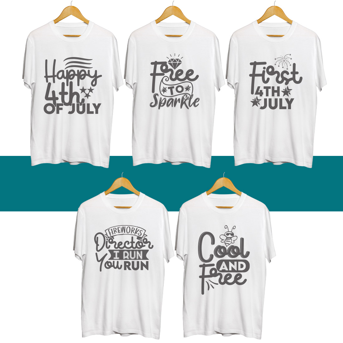 Four t - shirts on a hanger with the words cool and fun on them.