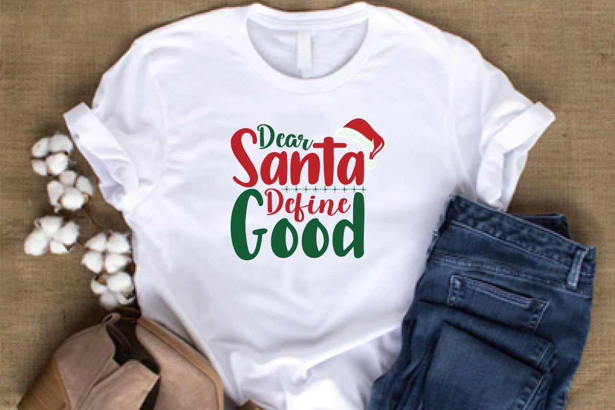 White t - shirt with a santa design on it.