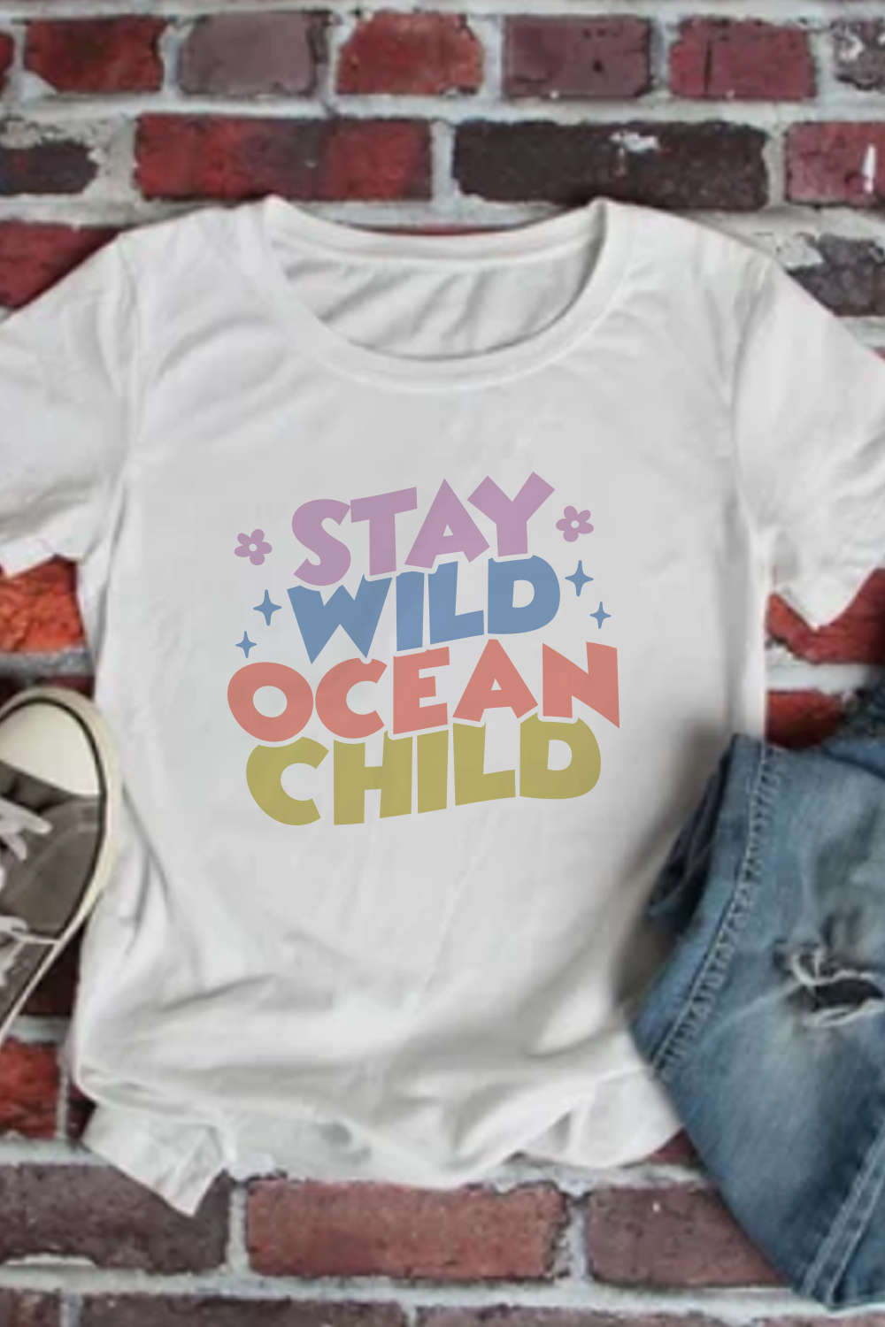 Stay Wild Ocean Child, Summer t-shirt Design pinterest preview image.