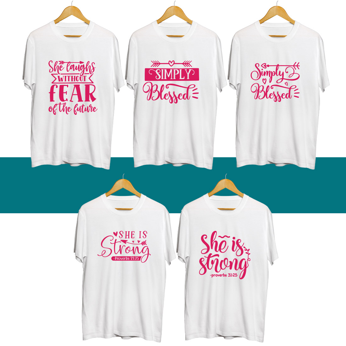 Four t - shirts that say she is strong.