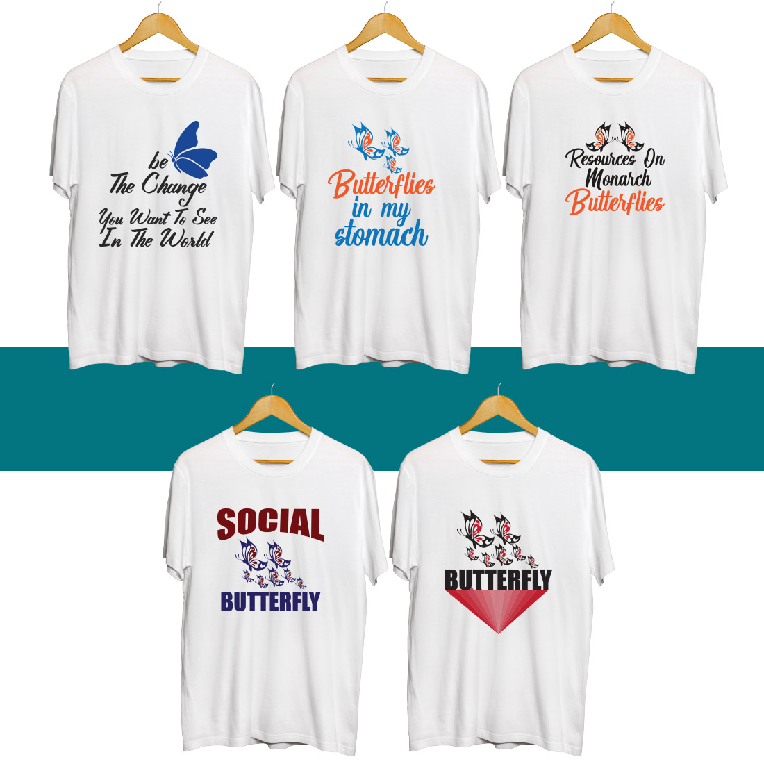 Four t - shirts that say social butterfly.