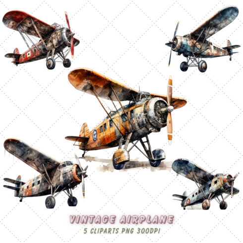 Vintage Airplane Watercolor Clipart Bundle, Transparent PNG cover image.