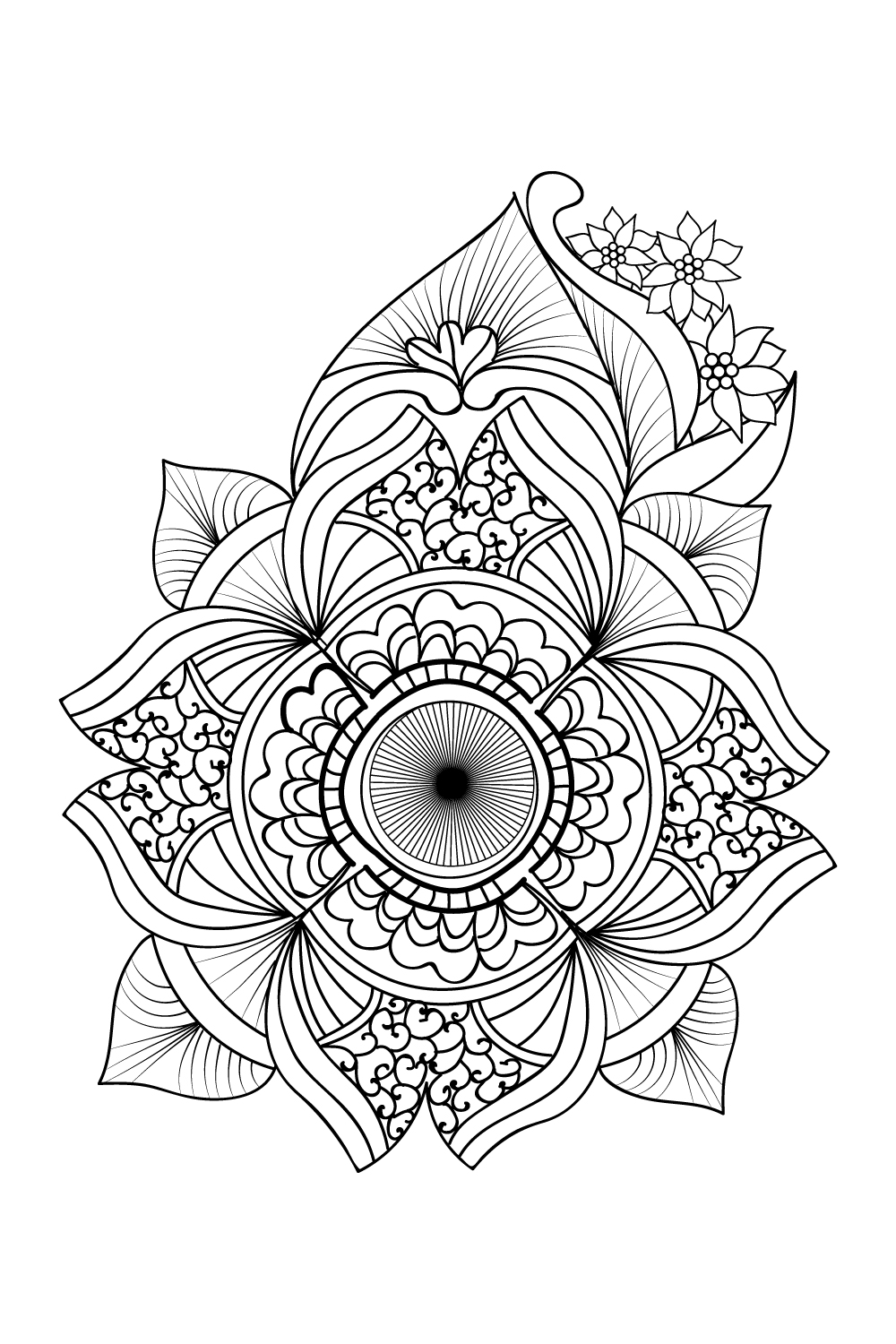 Mamdala design, hand drawn black and illustration, line drawing, pencil art, engraved ink art, ornamental mandala design, coloring pages for adults pinterest preview image.