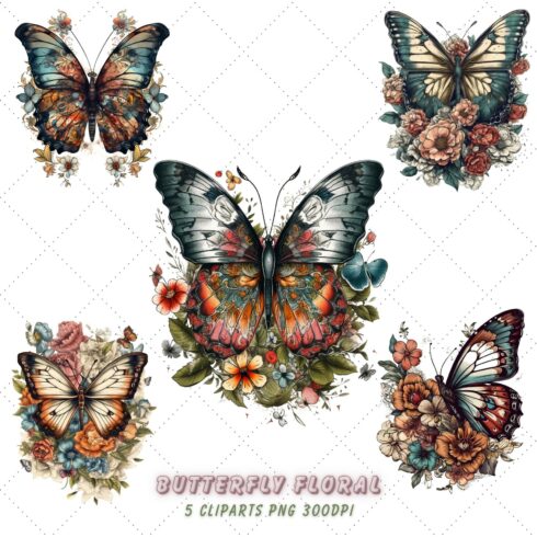 Retro Butterfly floral Clipart Bundle, Sublimation, Butterfly floral cover image.