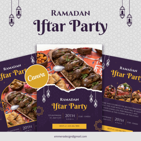 [Bundle 3 Designs] Purple Gold Elegant Ramadan Iftar Party Flyer Canva Template cover image.