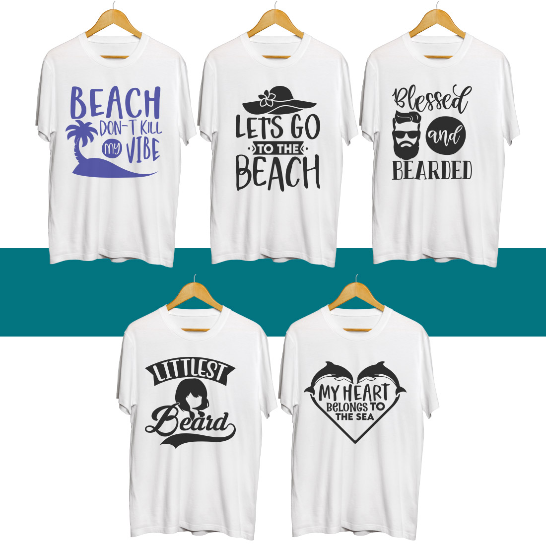 Four t - shirts that say beach.