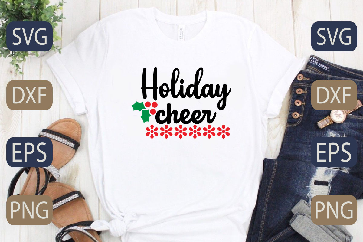 White shirt with the words holiday cheer on it.