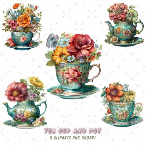 Vintage Flowers Tea Cup and Pot Clipart Bundle cover image.