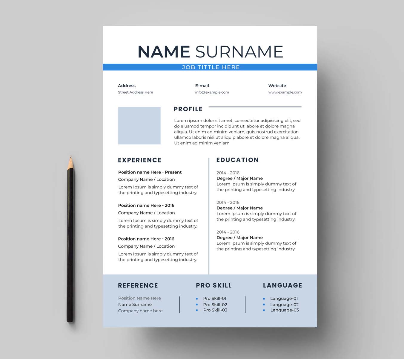 Blue and white resume template with a pencil.