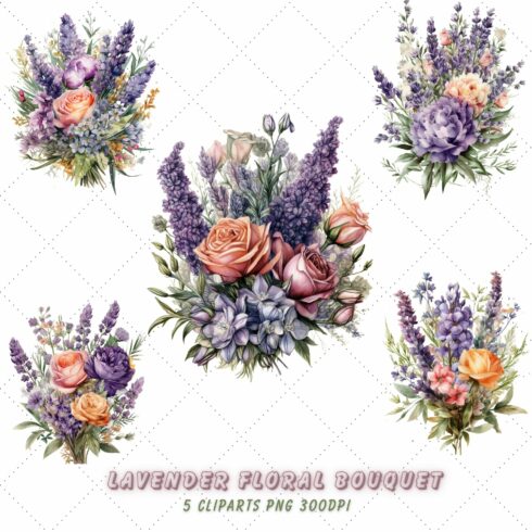 Retro Watercolor Lavender Floral Bouquet Clipart Bundle cover image.