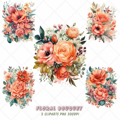 Coral Floral Bouquet Watercolor Clipart Bundle, Sublimation, Coral Floral Bouquet cover image.