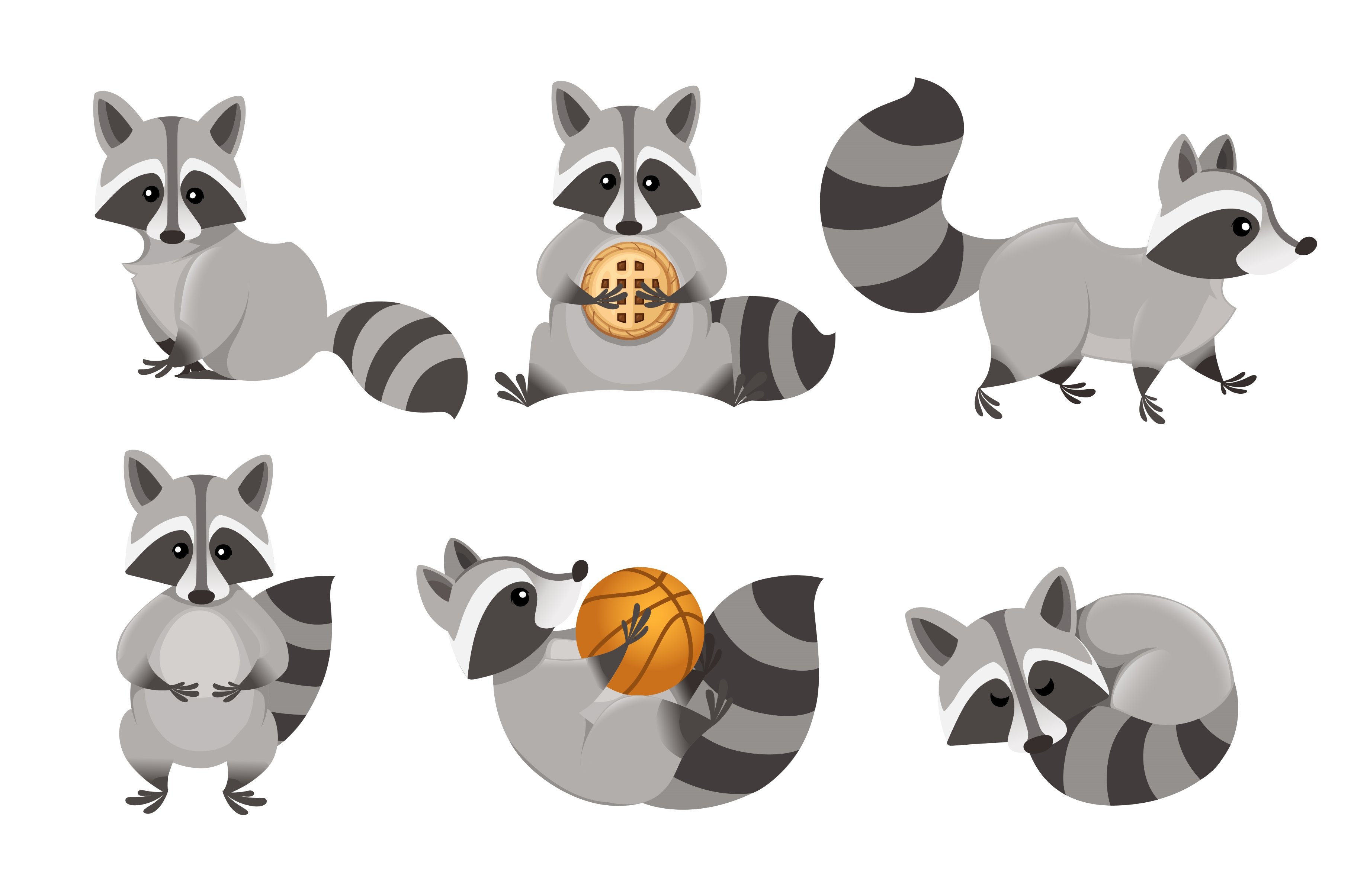 Cute cartoon raccoon set. Funny cover image.