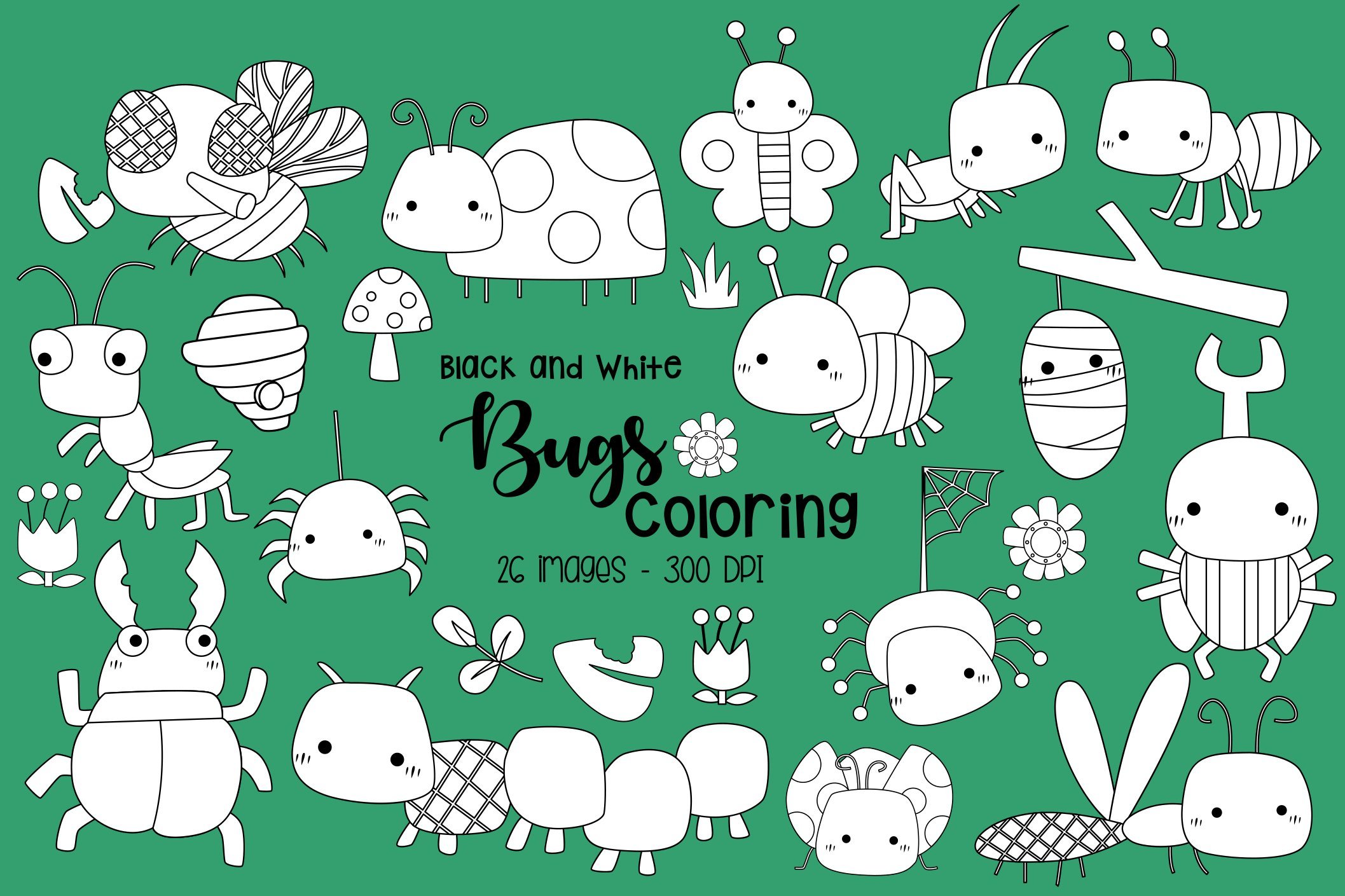 Black and White Cute Bugs Clipart cover image.