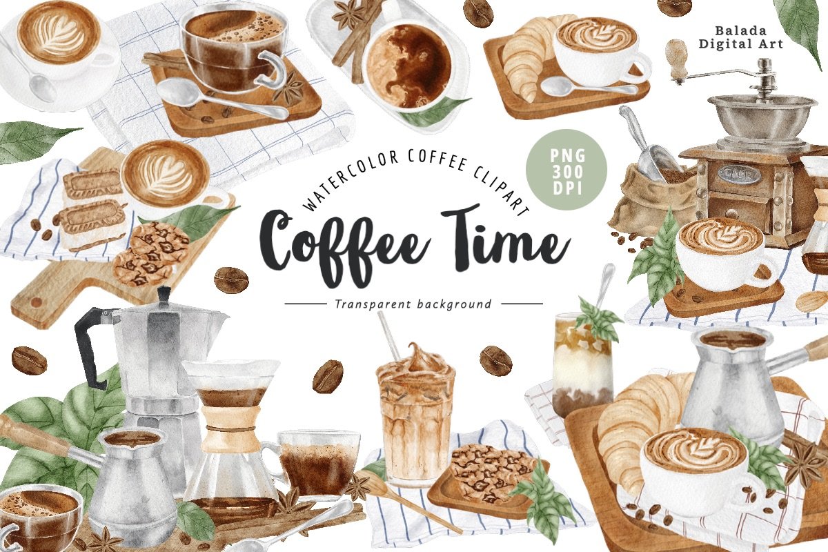 Watercolor Coffee Clipart & Patterns cover image.