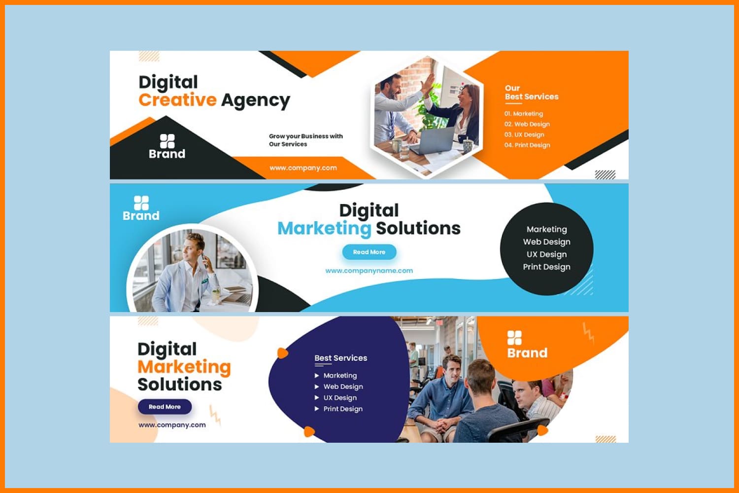 Collage of banners for a marketing agency with orange and blue elements.