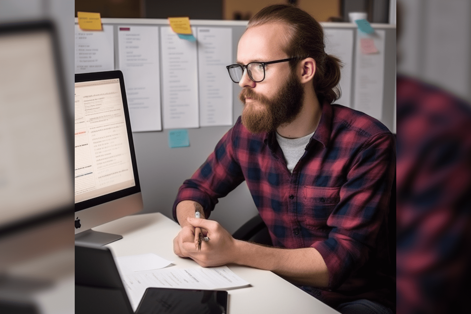 A guy with glasses and a beard at his desk.