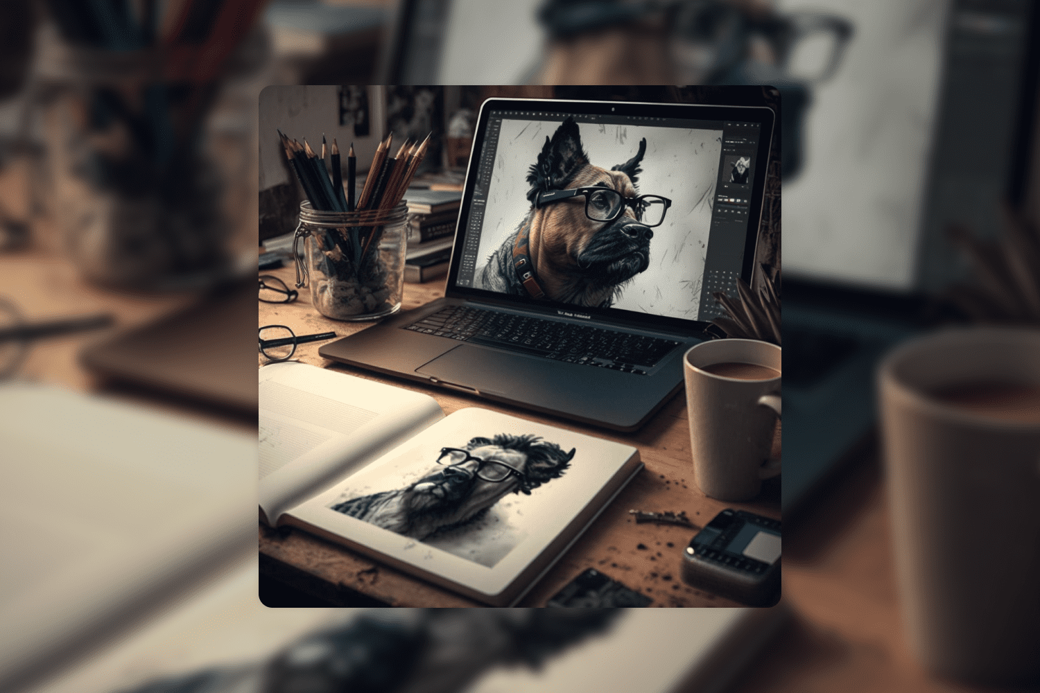 Drawing of a dog with glasses on the laptop screen on the table.