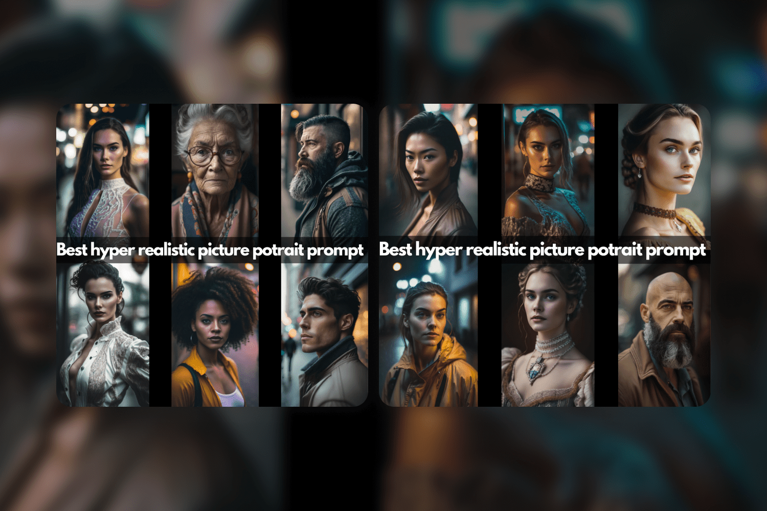 A collage of nine portraits of people on the background of the street, created by AI.
