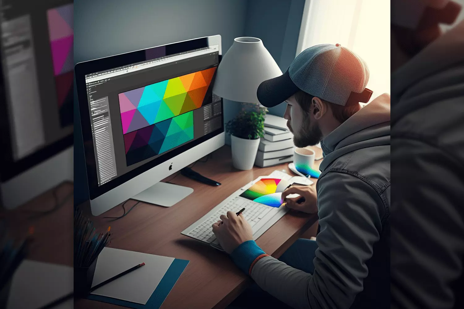 Photo of a guy at a computer choosing a color palette.