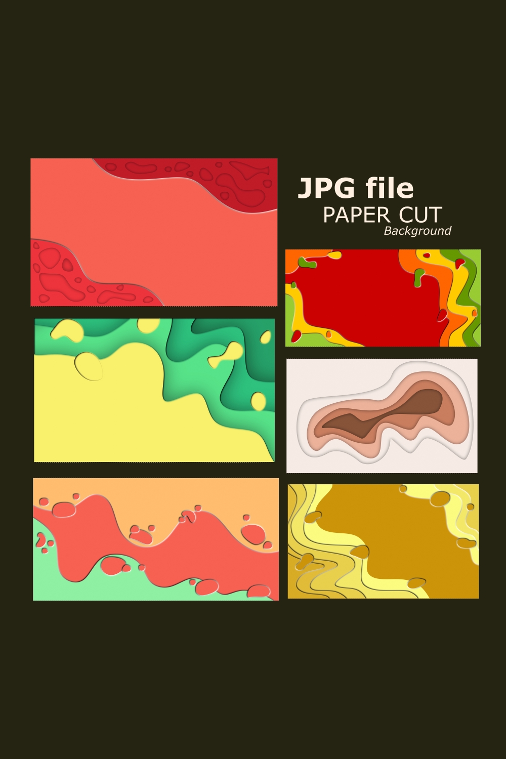 Six bundles of abstract paper cut slime background with copy spaces, files as JPG pinterest preview image.