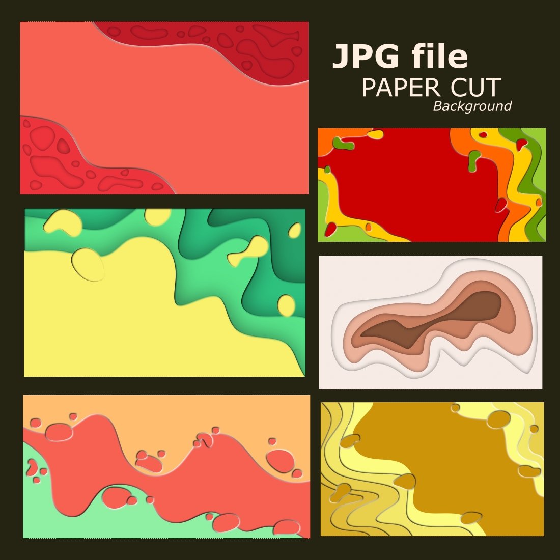 Six bundles of abstract paper cut slime background with copy spaces, files as JPG preview image.
