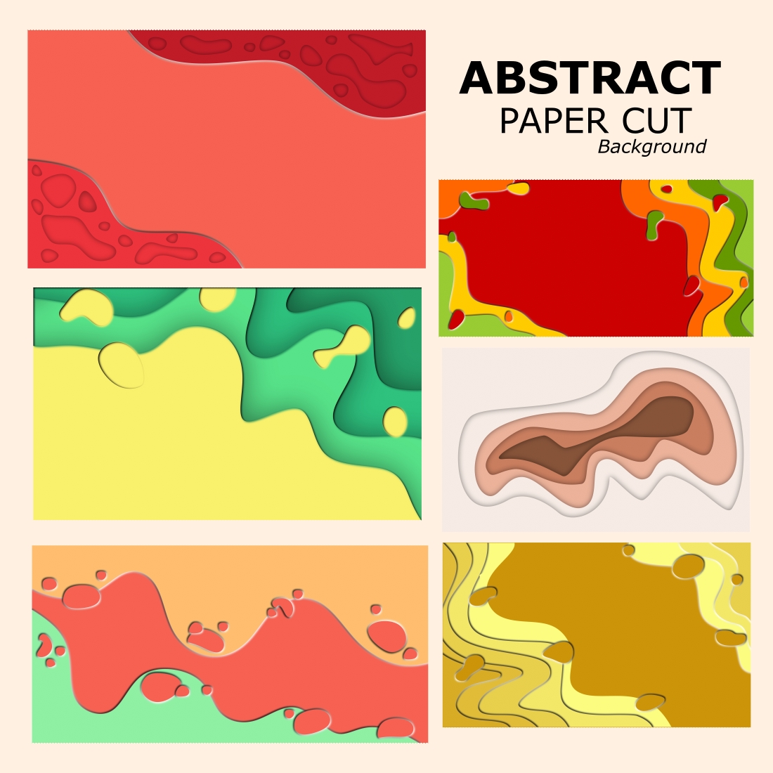 Six bundles of abstract paper cut slime background with copy spaces, files as JPG cover image.