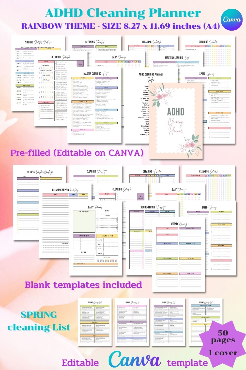 Ultimate ADHD cleaning planner bundle - editable by canva pinterest preview image.