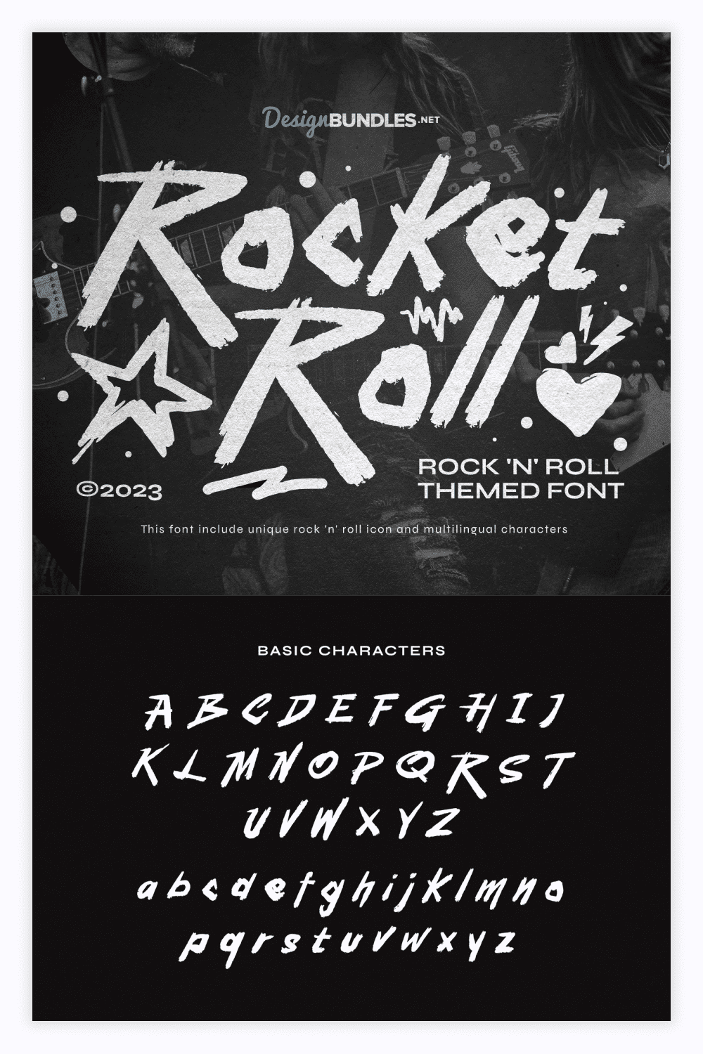 Collage of the alphabet and the inscription Rocket Roll on a gray background.