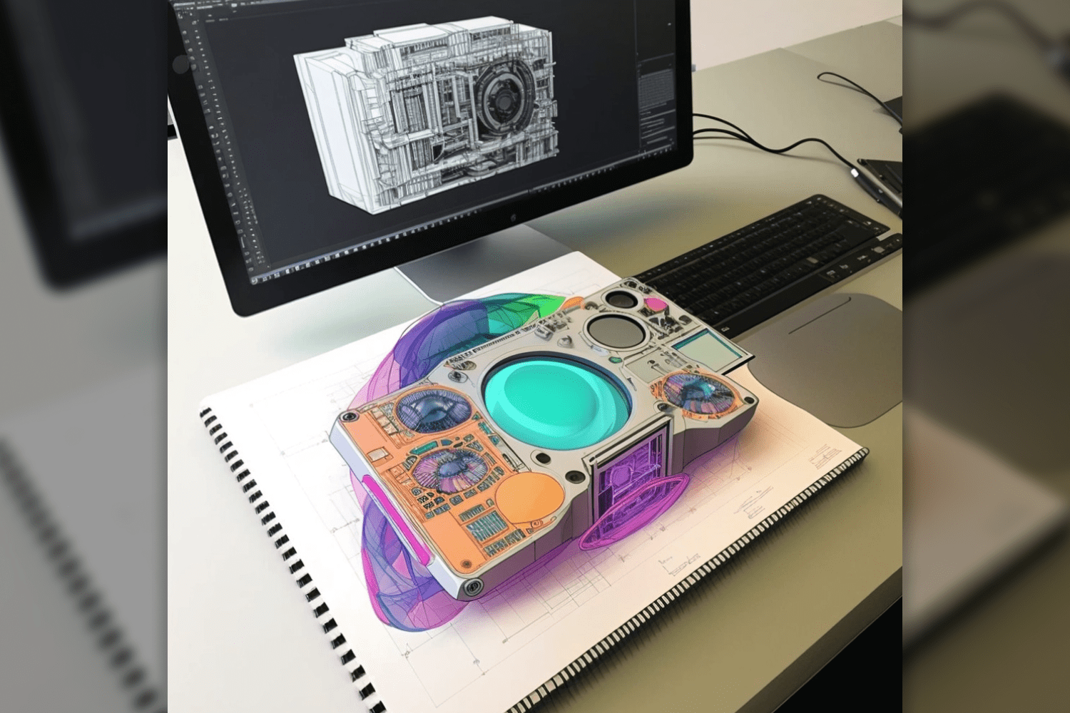 Photo of a table with a computer and an album with a 3D drawing.