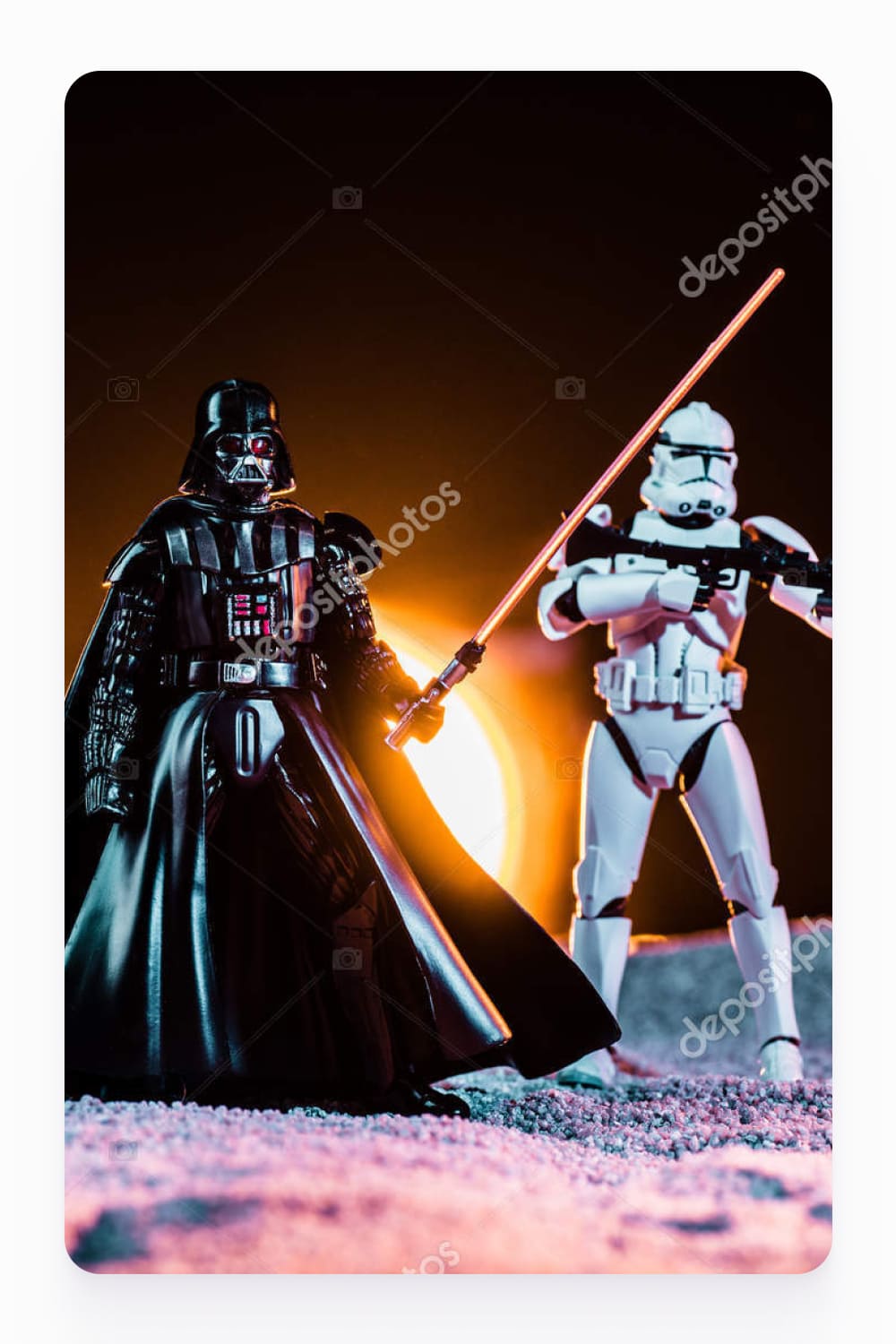 White imperial stormtroopers with guns and Darth Vader with lightsaber on black background with sun.