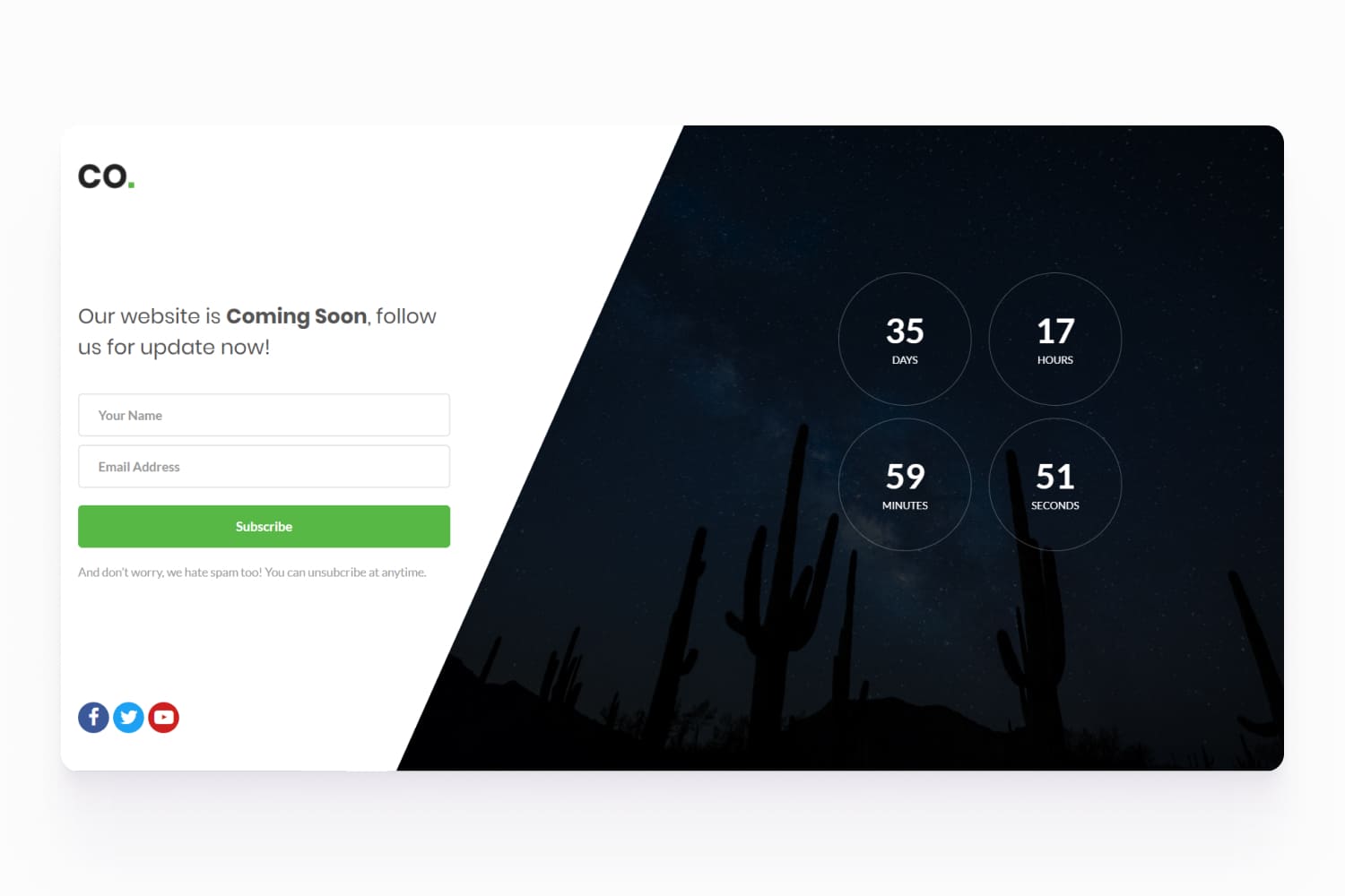 Screenshot of the site page with a subscription form and a countdown to launch.