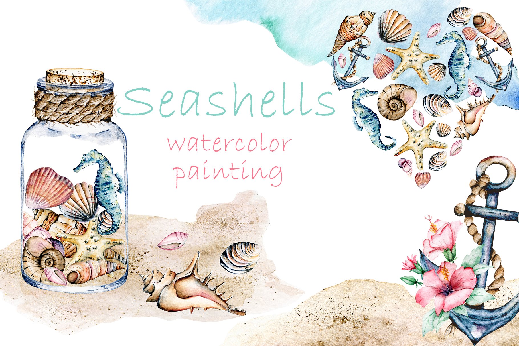 Sea, beach, seashells watercolor. cover image.