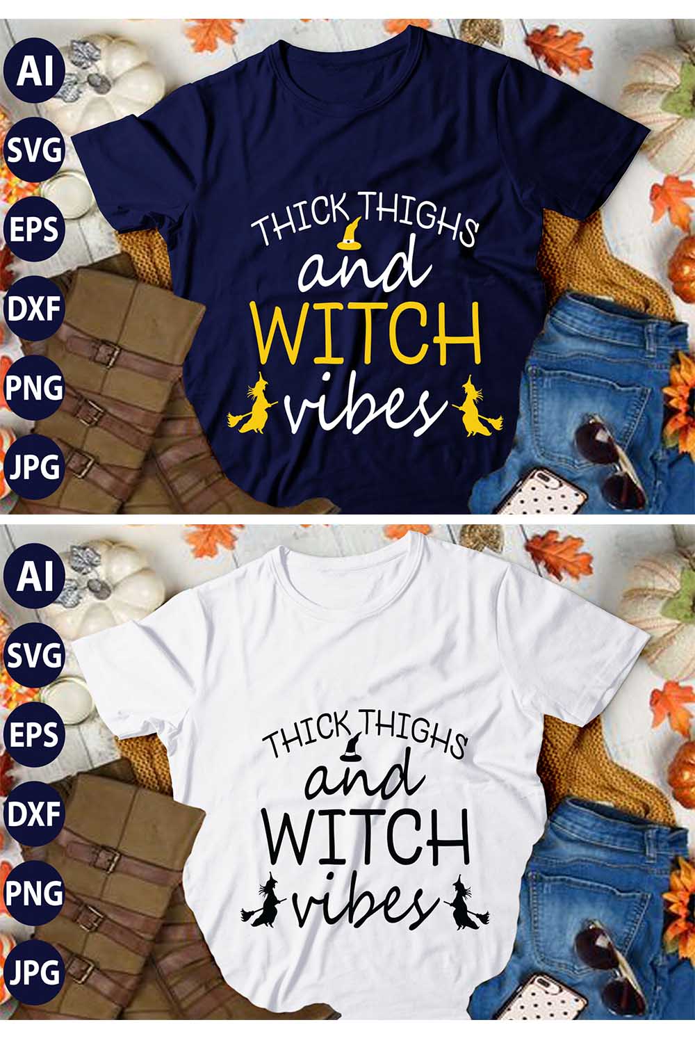 Thick Thighs And Witch Vibes, SVG T-Shirt Design |Happy Halloween & Pumpkin T-Shirt Design | Ai, Svg, Eps, Dxf, Jpeg, Png, Instant download T-Shirt | 100% print-ready Digital vector file pinterest preview image.