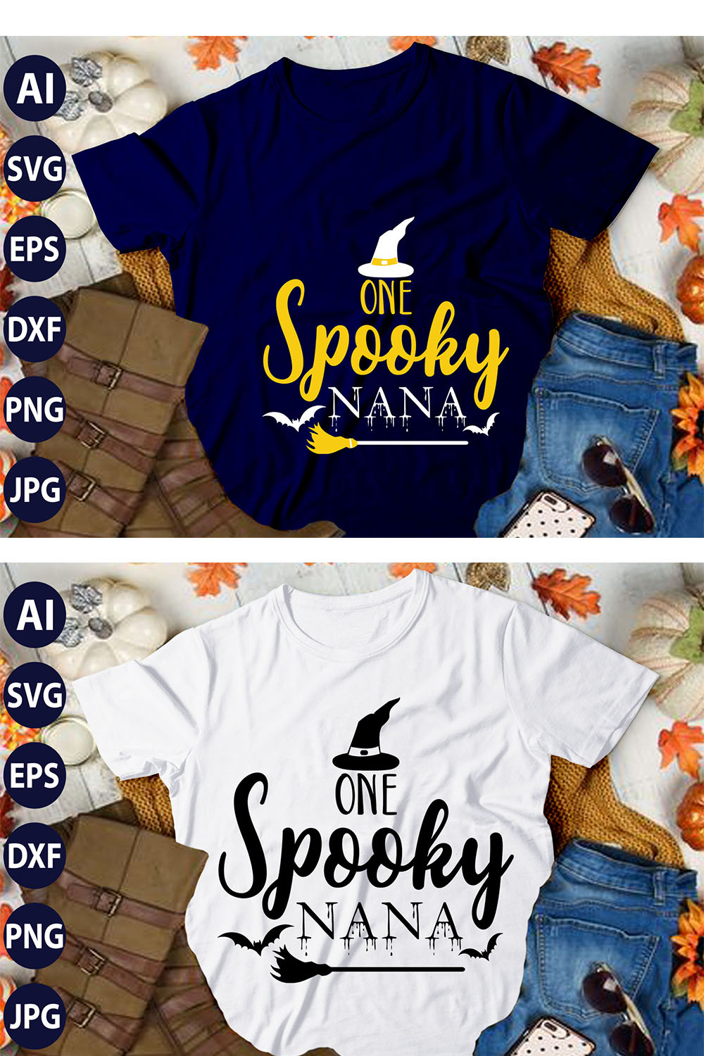 One Spooky Nana, SVG T-Shirt Design |Happy Halloween & Pumpkin T-Shirt Design | Ai, Svg, Eps, Dxf, Jpeg, Png, Instant download T-Shirt | 100% print-ready Digital vector file pinterest preview image.