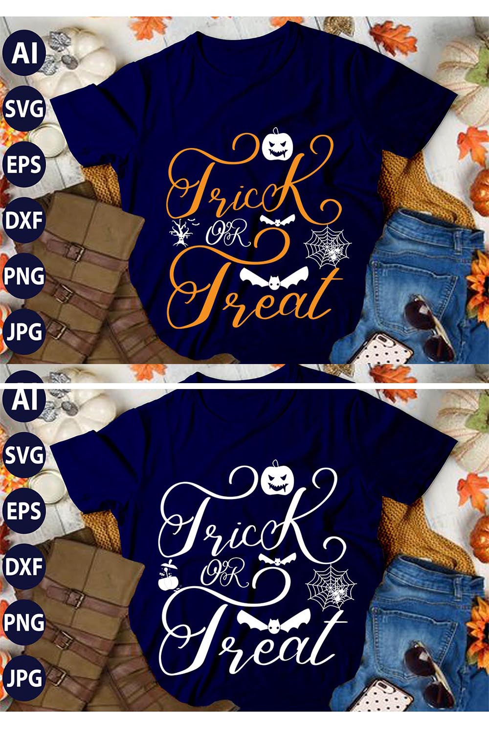 Trick or Treat, SVG T-Shirt Design |Happy Halloween & Pumpkin T-Shirt Design | Ai, Svg, Eps, Dxf, Jpeg, Png, Instant download T-Shirt | 100% print-ready Digital vector file pinterest preview image.